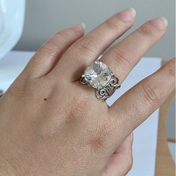 Vintage Sterling Silver Large Chunky Filigree Huge Cushion Cut CZ Crystal Ring - Picture 8 of 15